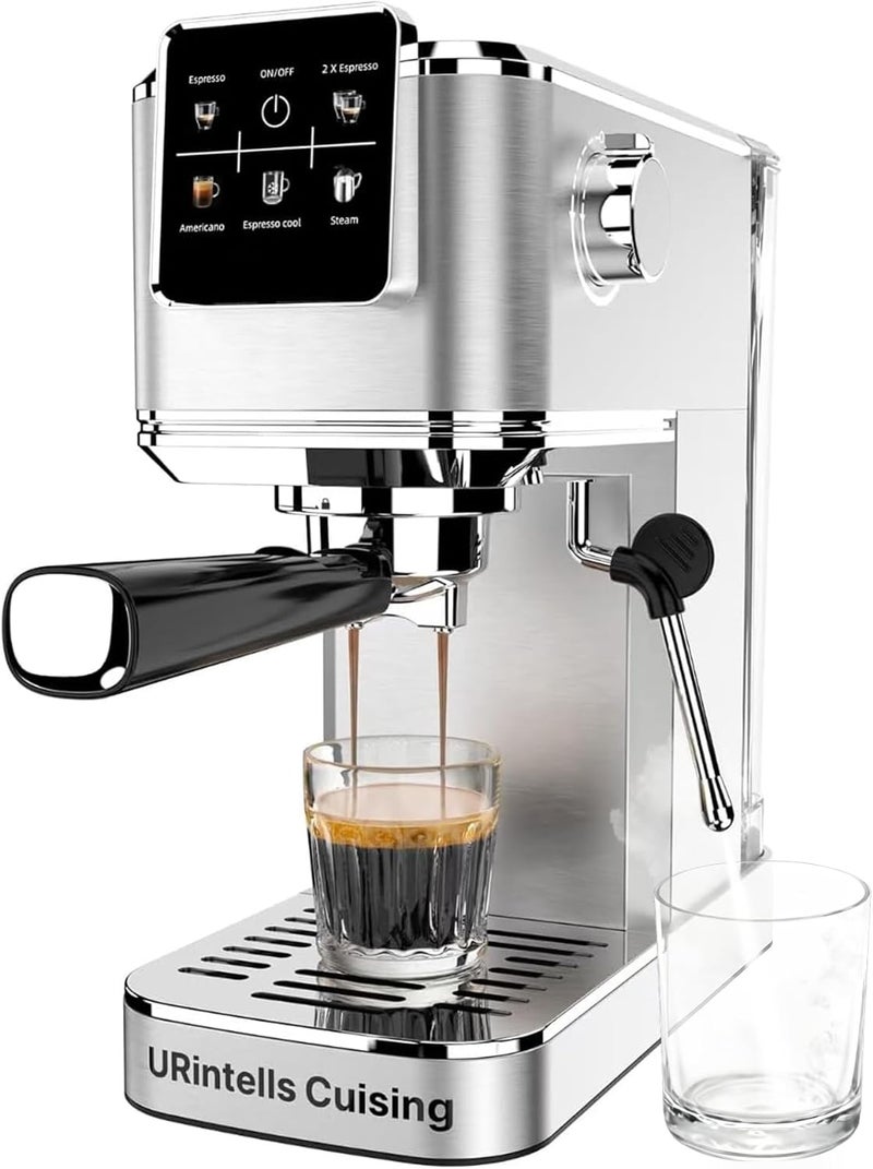 URintells Cuising Espresso Machine 20 Bar,Touch Screen Espresso Maker with Steam Milk Frother,Stainless Steel Coffee Machine for Cappuccino Latte Americano Cold Brew,1350W Fast Heat Up System,Silver - Image 1